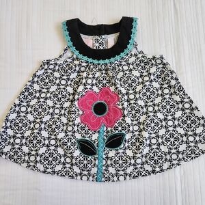 Rare Editions Black and White Floral Baby Dress with Turquoise Trim 12 Months